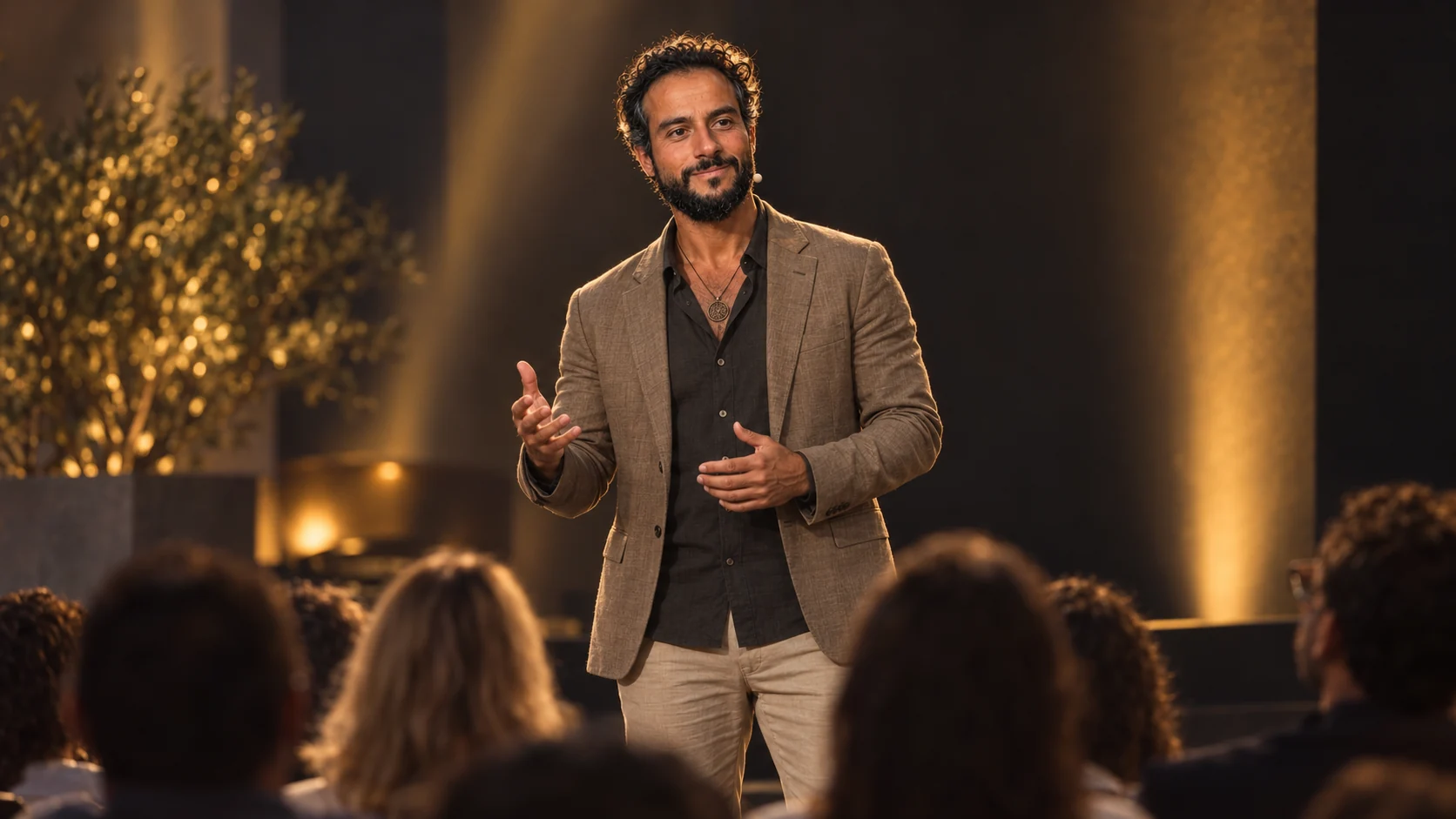 AI-imagined scene of Serge speaking on a conference stage