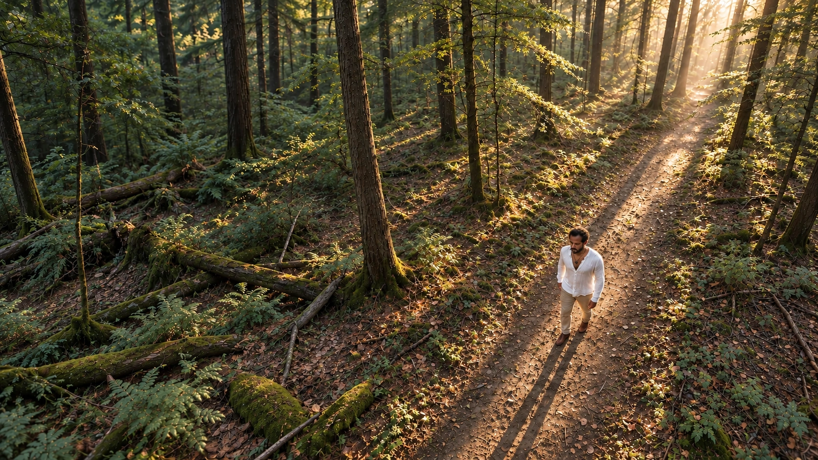 Serge walking along a sunlit forest trail, seen from above