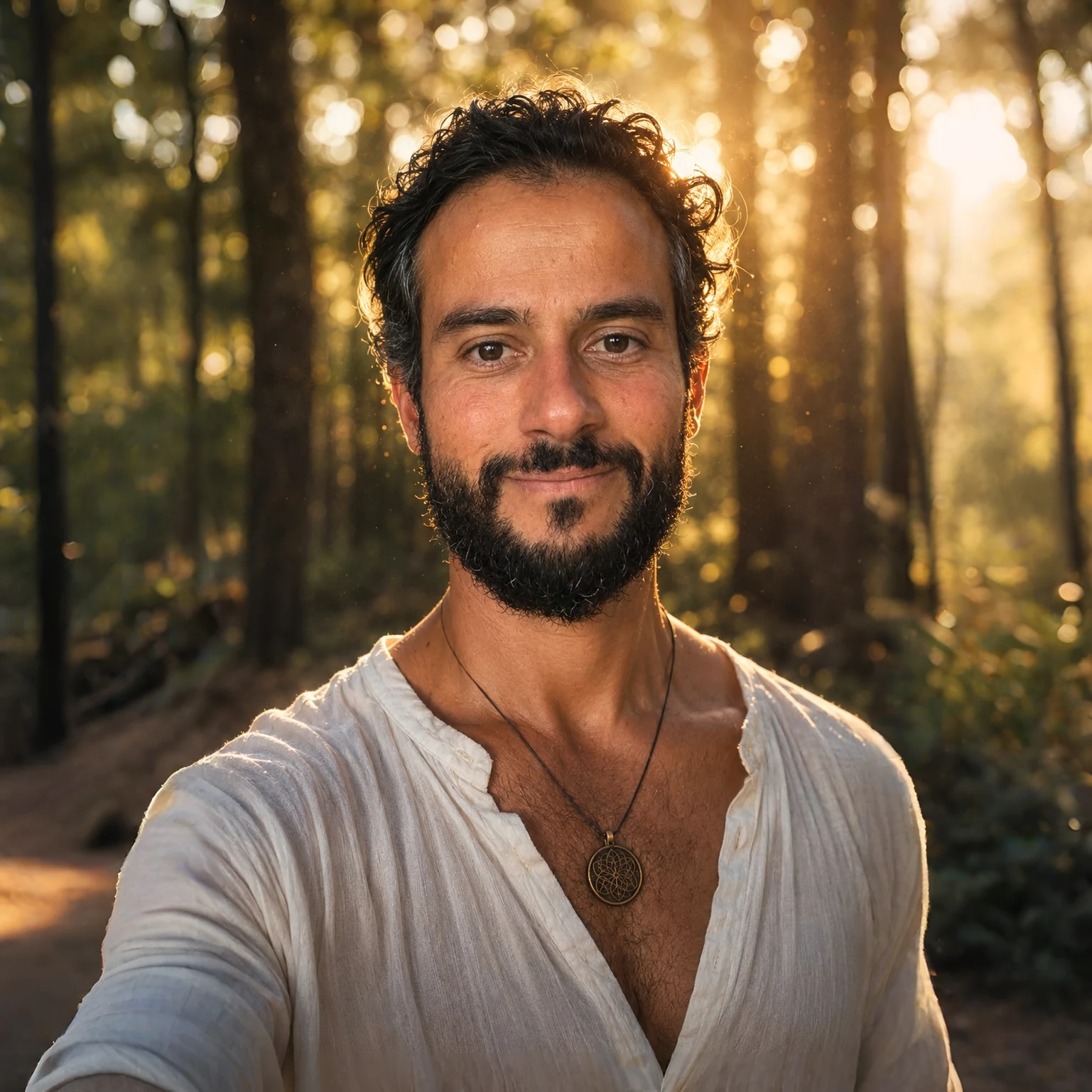 Serge Abi in warm evening light in the forest