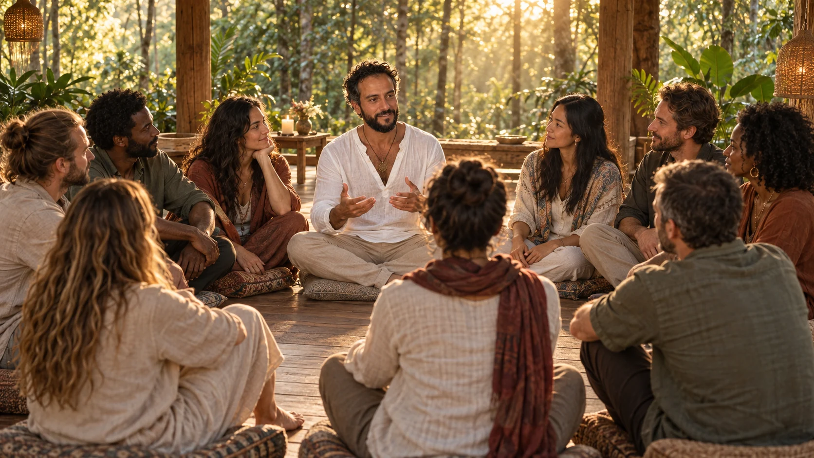 AI-imagined scene of Serge sharing a conversation with a retreat circle in a forest pavilion